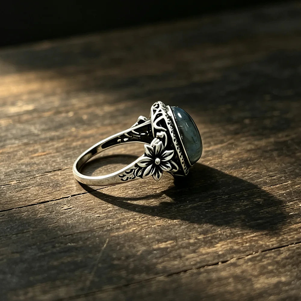 925 Sterling Silver Natural Labradorite Rings Oval Shape 10*14MM Large Stone and Flower Vintage Retro Silver Jewelry For Women