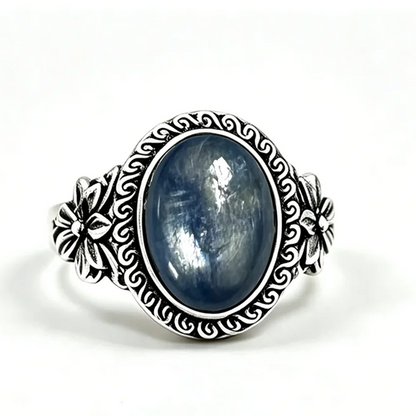 925 Sterling Silver Natural Labradorite Rings Oval Shape 10*14MM Large Stone and Flower Vintage Retro Silver Jewelry For Women