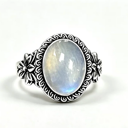 925 Sterling Silver Natural Labradorite Rings Oval Shape 10*14MM Large Stone and Flower Vintage Retro Silver Jewelry For Women