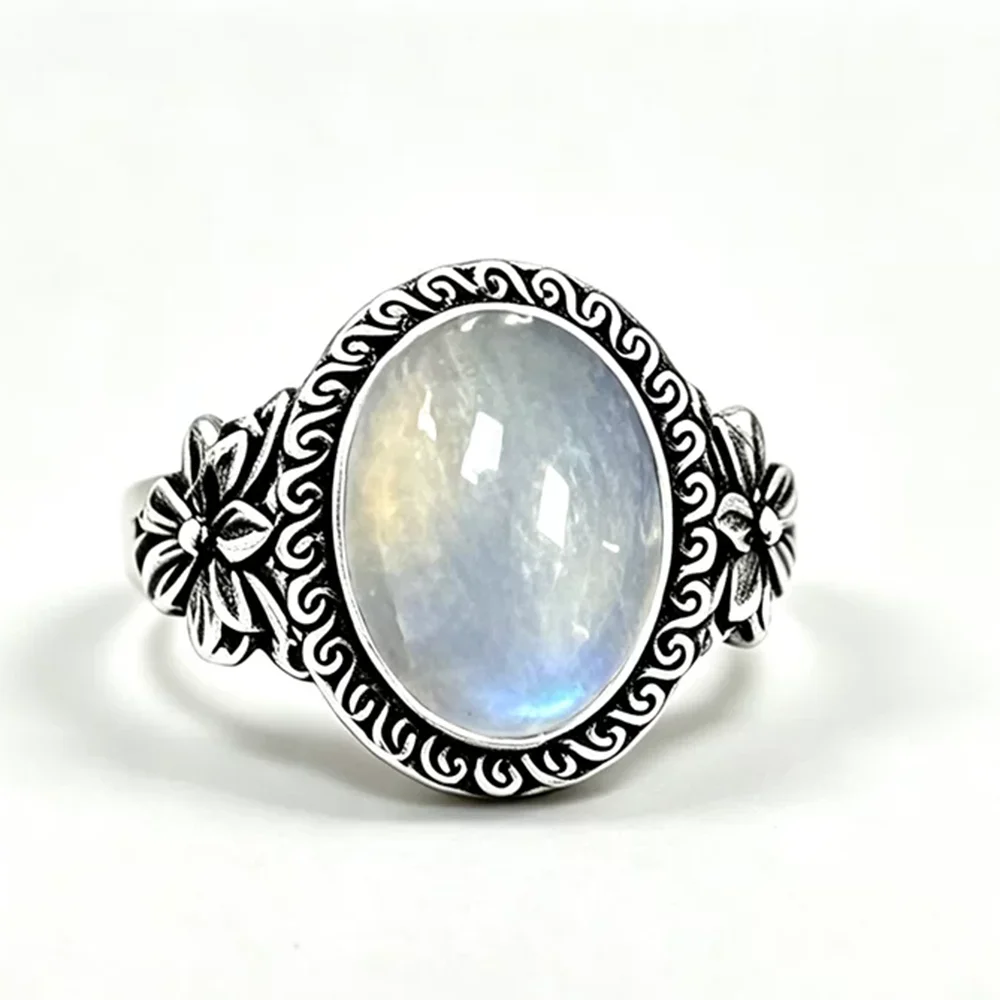 925 Sterling Silver Natural Labradorite Rings Oval Shape 10*14MM Large Stone and Flower Vintage Retro Silver Jewelry For Women