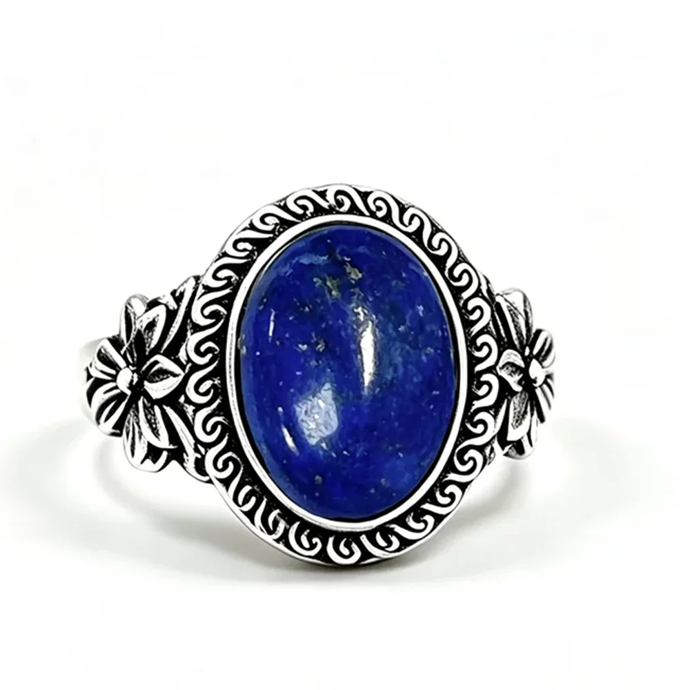 925 Sterling Silver Natural Labradorite Rings Oval Shape 10*14MM Large Stone and Flower Vintage Retro Silver Jewelry For Women