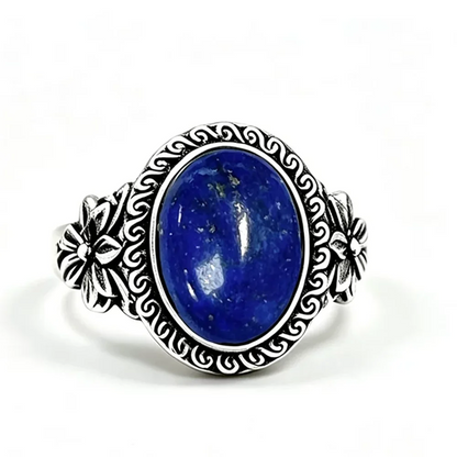 925 Sterling Silver Natural Labradorite Rings Oval Shape 10*14MM Large Stone and Flower Vintage Retro Silver Jewelry For Women