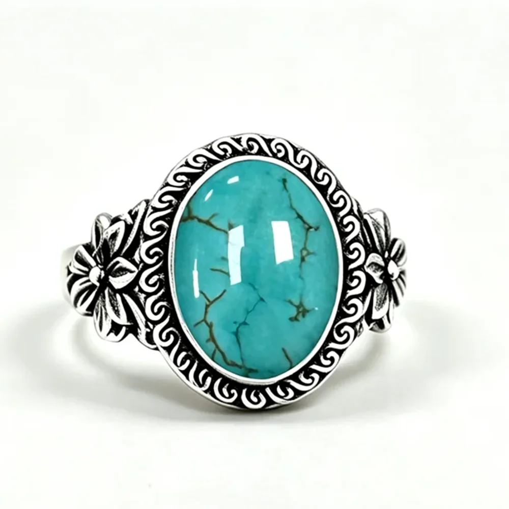 925 Sterling Silver Natural Labradorite Rings Oval Shape 10*14MM Large Stone and Flower Vintage Retro Silver Jewelry For Women