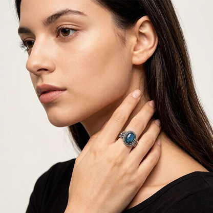 925 Sterling Silver Natural Labradorite Rings Oval Shape 10*14MM Large Stone and Flower Vintage Retro Silver Jewelry For Women