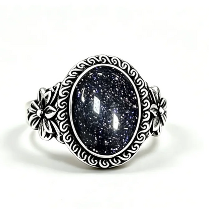 925 Sterling Silver Natural Labradorite Rings Oval Shape 10*14MM Large Stone and Flower Vintage Retro Silver Jewelry For Women