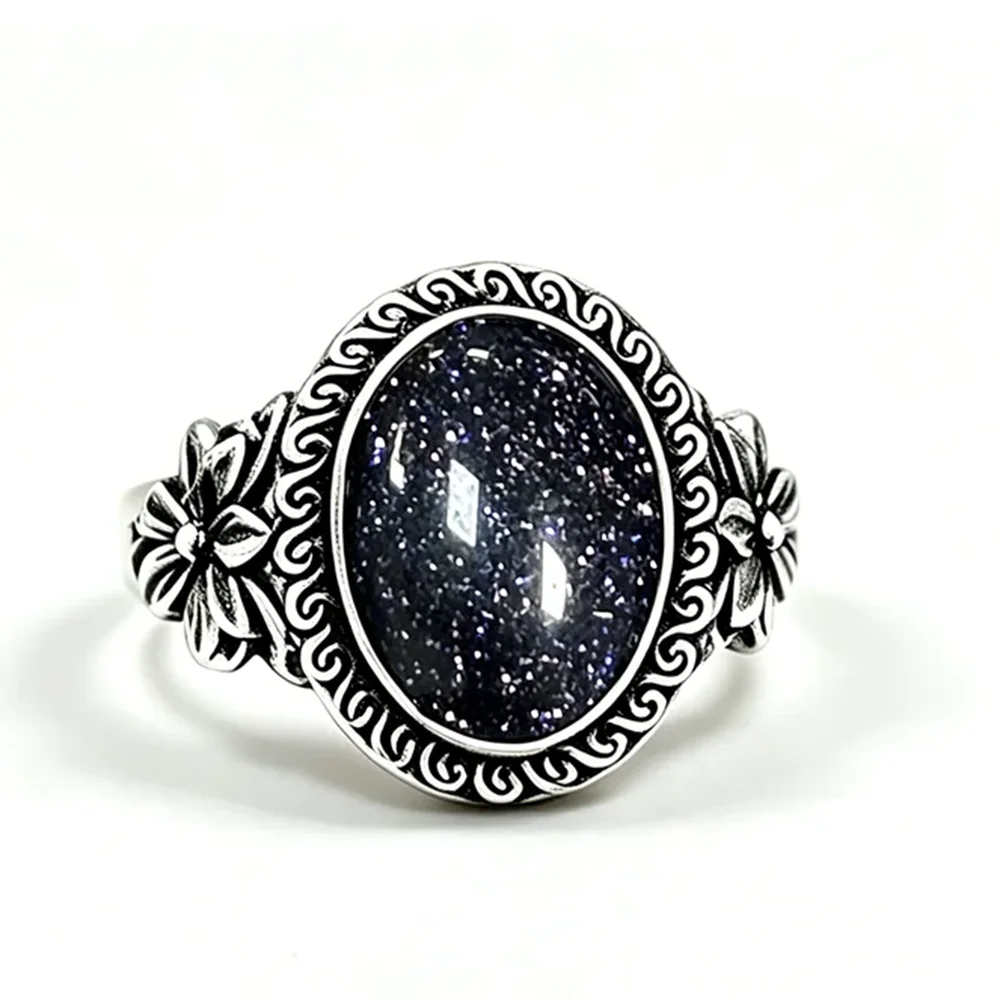 925 Sterling Silver Natural Labradorite Rings Oval Shape 10*14MM Large Stone and Flower Vintage Retro Silver Jewelry For Women