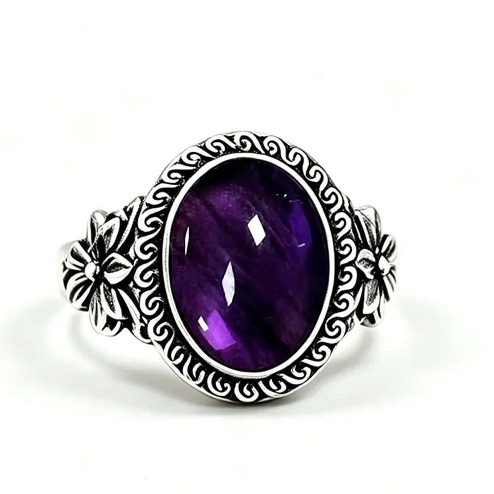 925 Sterling Silver Natural Labradorite Rings Oval Shape 10*14MM Large Stone and Flower Vintage Retro Silver Jewelry For Women