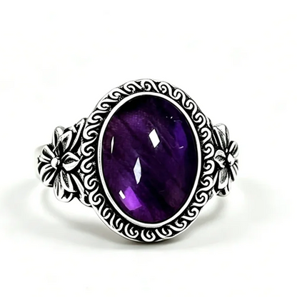925 Sterling Silver Natural Labradorite Rings Oval Shape 10*14MM Large Stone and Flower Vintage Retro Silver Jewelry For Women