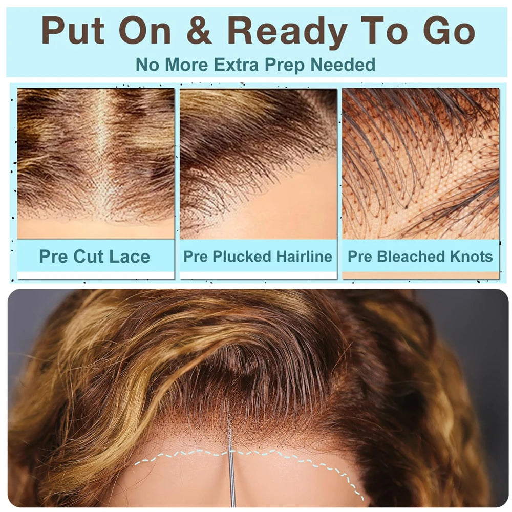 4/27 Honey Blonde Deep Wave Glueless 5x5 HD Lace Wig – Wet & Wavy Pre-Plucked, 250%