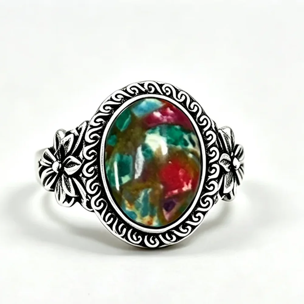 925 Sterling Silver Natural Labradorite Rings Oval Shape 10*14MM Large Stone and Flower Vintage Retro Silver Jewelry For Women