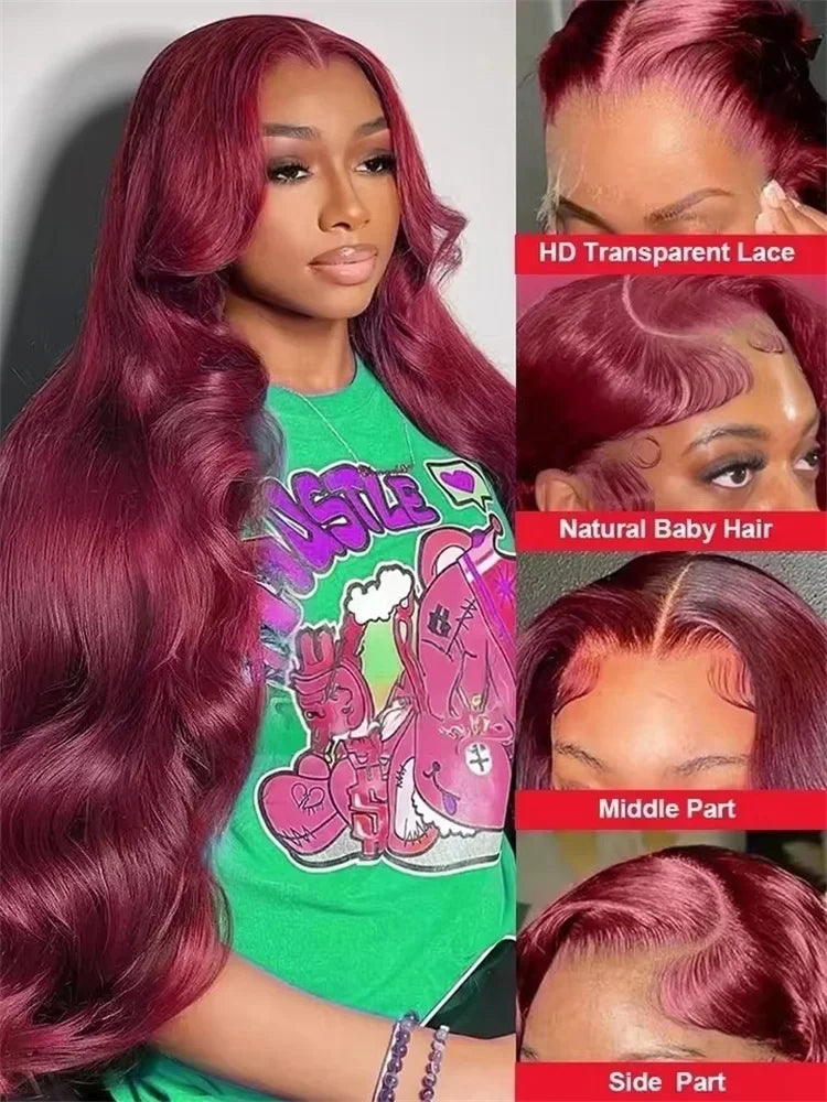 99J Burgundy 13x6 HD Lace Frontal Wig – Transparent Body Wave, 5x5 & 4x4 Closure
