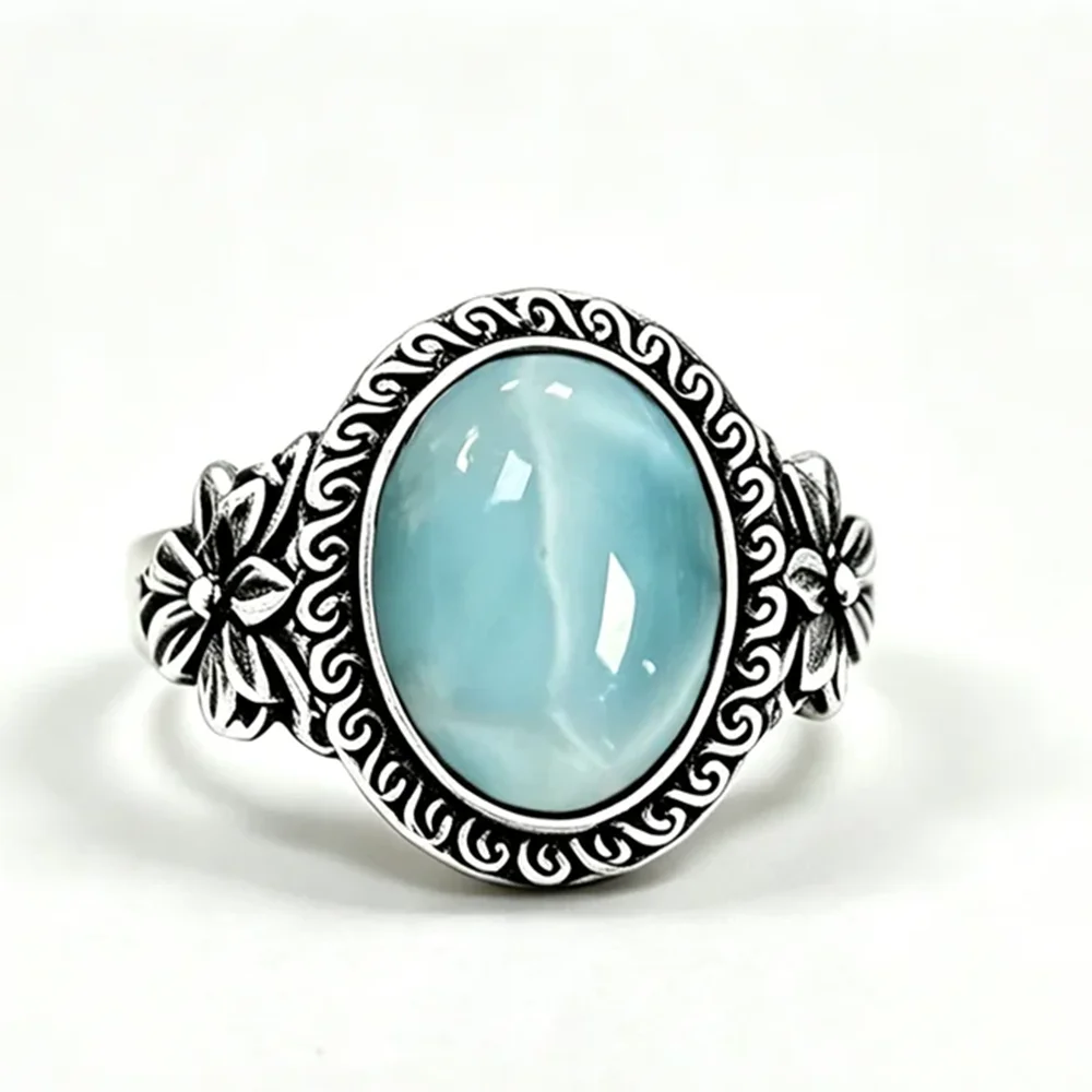 925 Sterling Silver Natural Labradorite Rings Oval Shape 10*14MM Large Stone and Flower Vintage Retro Silver Jewelry For Women