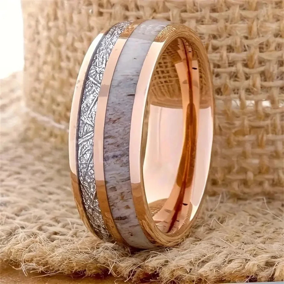 Fashion 8mm Men Stainless Steel Rings Inlay Meteorite Abalone Shell Rings For Men Women Wedding Engagement Band Jewelry Gift