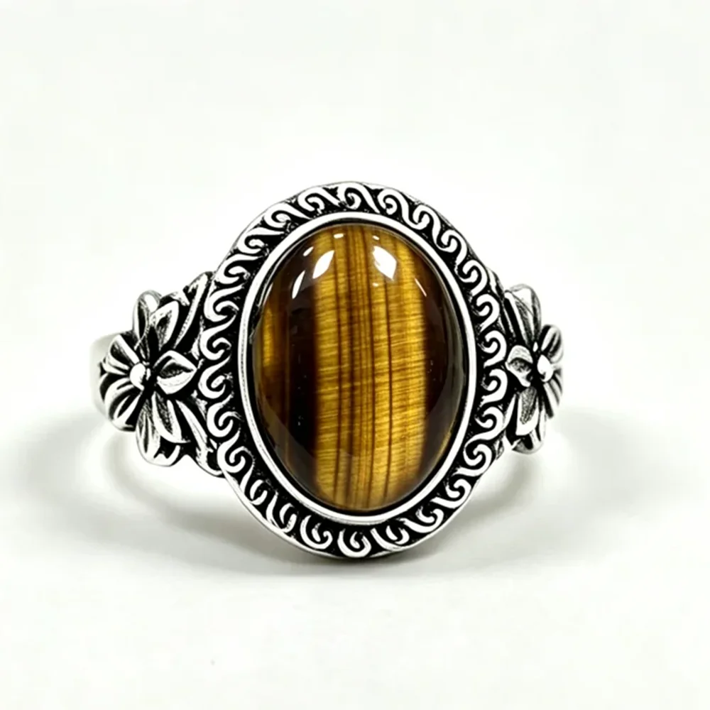 925 Sterling Silver Natural Labradorite Rings Oval Shape 10*14MM Large Stone and Flower Vintage Retro Silver Jewelry For Women