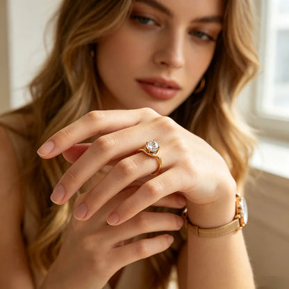 E.B.belle Wave Drop Round Zircon Ring Waterproof Minimalist 316L Stainless Steel Women's Rings 18K Gold Plated Accessories