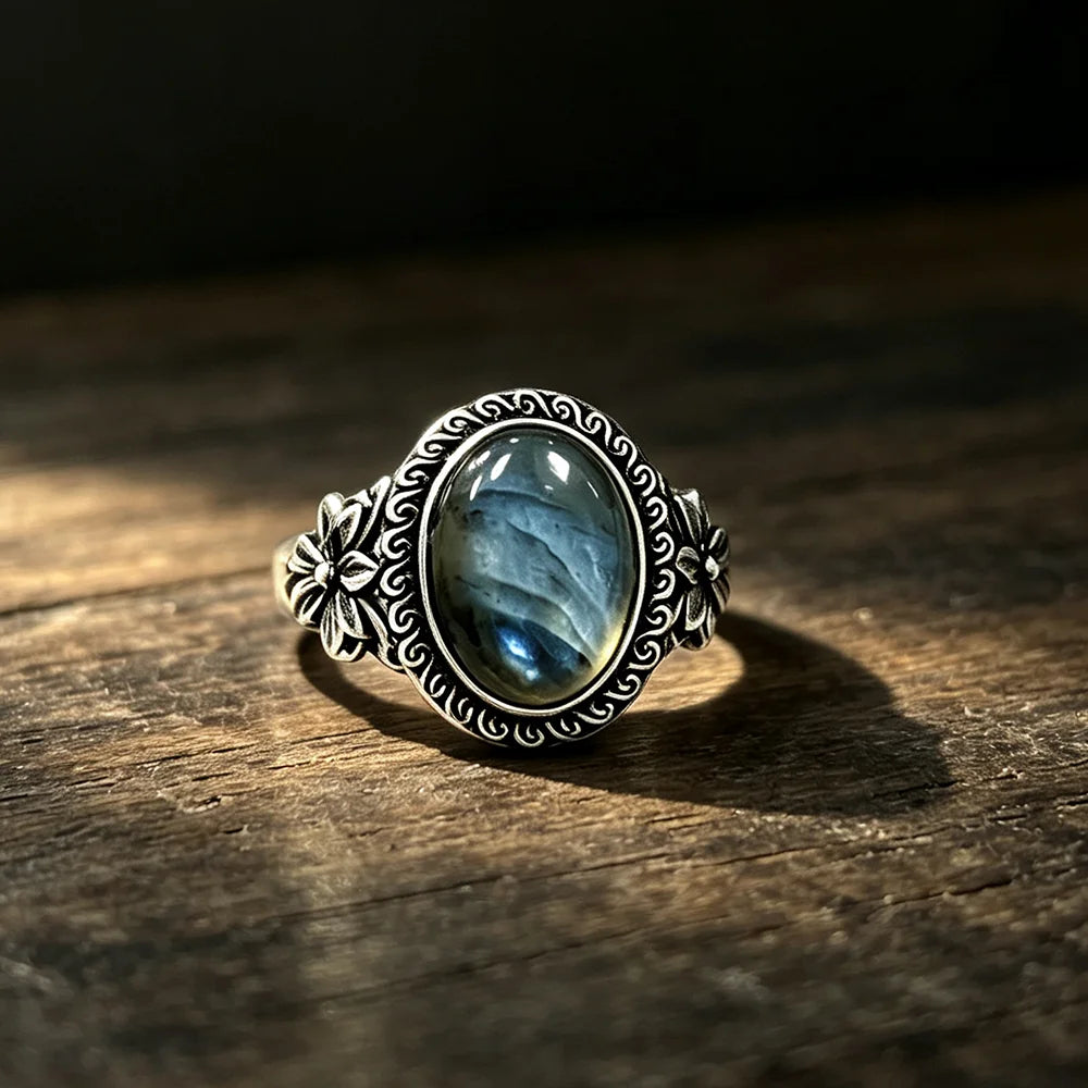 925 Sterling Silver Natural Labradorite Rings Oval Shape 10*14MM Large Stone and Flower Vintage Retro Silver Jewelry For Women