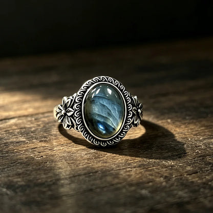 925 Sterling Silver Natural Labradorite Rings Oval Shape 10*14MM Large Stone and Flower Vintage Retro Silver Jewelry For Women