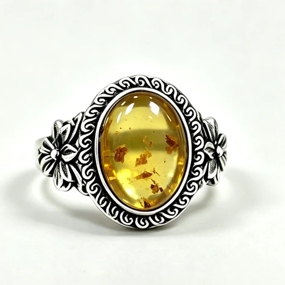 925 Sterling Silver Natural Labradorite Rings Oval Shape 10*14MM Large Stone and Flower Vintage Retro Silver Jewelry For Women