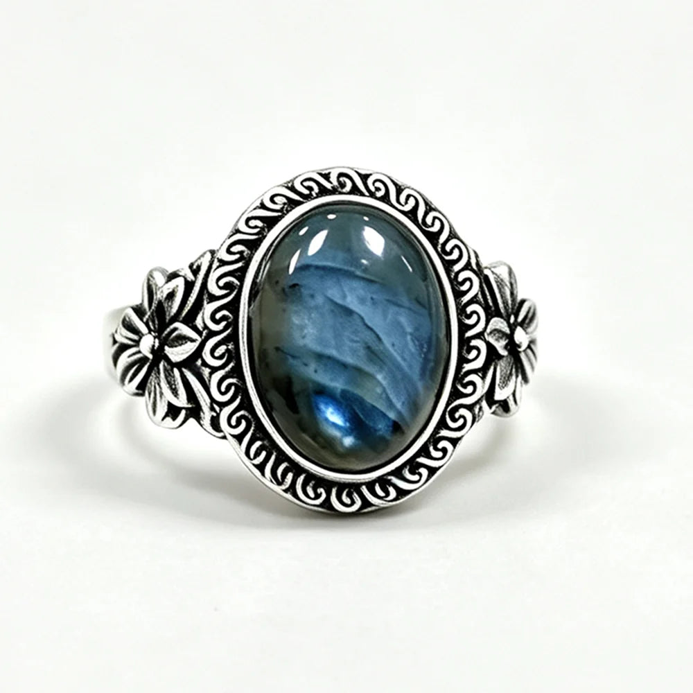 925 Sterling Silver Natural Labradorite Rings Oval Shape 10*14MM Large Stone and Flower Vintage Retro Silver Jewelry For Women