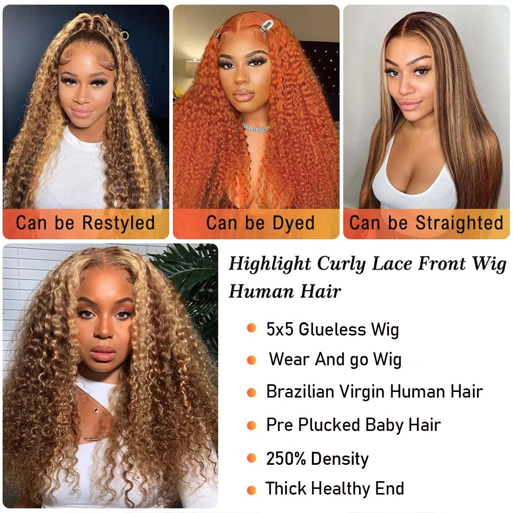 4/27 Honey Blonde Deep Wave Glueless 5x5 HD Lace Wig – Wet & Wavy Pre-Plucked, 250%