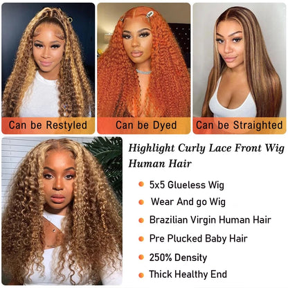 4/27 Honey Blonde Deep Wave Glueless 5x5 HD Lace Wig – Wet & Wavy Pre-Plucked, 250%