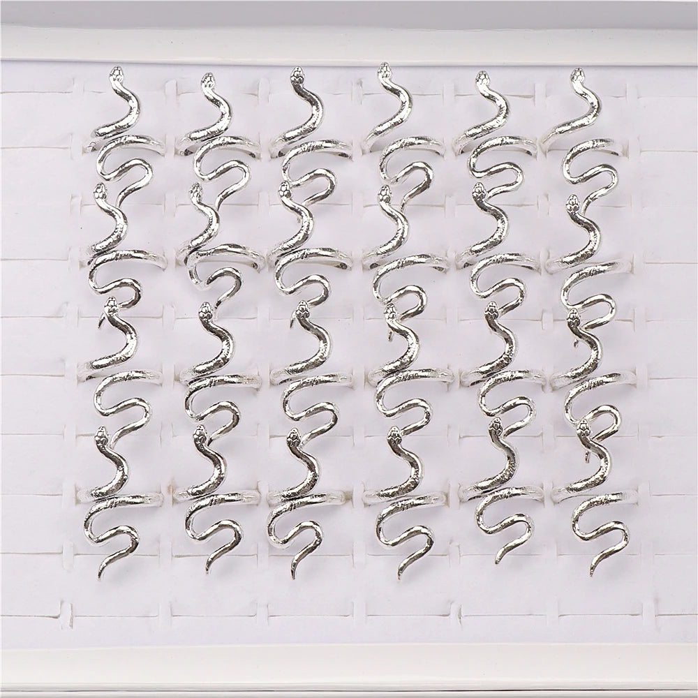 10pcs/lot Men Retro Punk Snake Rings For Women Antique Siver Color Opening Adjustable Jewelry Party Gifts