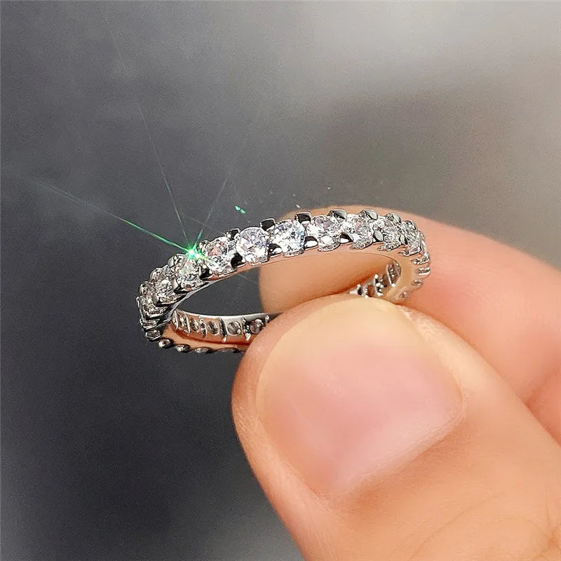 Huitan New Trendy Thin Finger Rings Silver Color Band with Shiny Cubic Zirconia Simple Stylish Daily Wear Accessories for Women