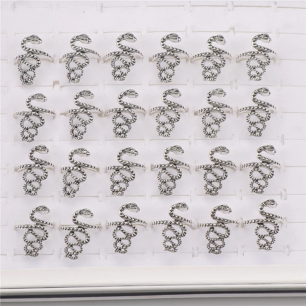 10pcs/lot Men Retro Punk Snake Rings For Women Antique Siver Color Opening Adjustable Jewelry Party Gifts