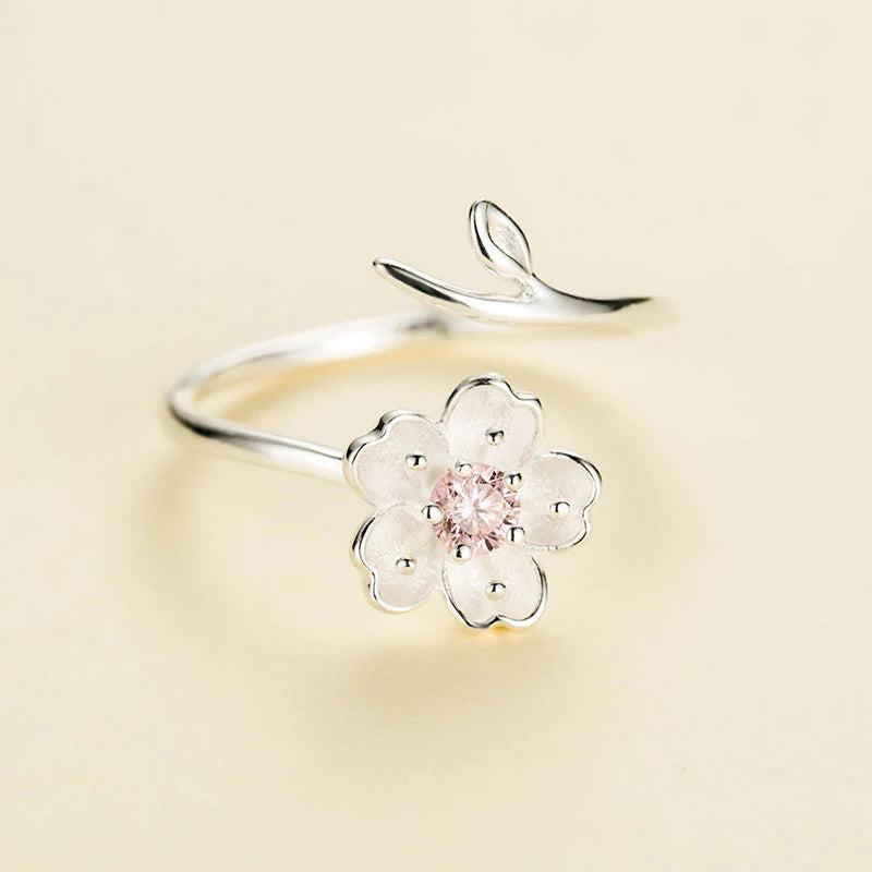 New Arrivals 925 Sterling Silver  Rings for Women Adjustable Size Ring pink zircon cherry blossom Ring
