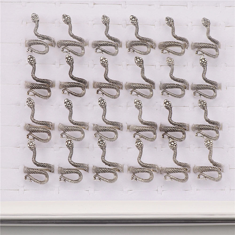 10pcs/lot Men Retro Punk Snake Rings For Women Antique Siver Color Opening Adjustable Jewelry Party Gifts