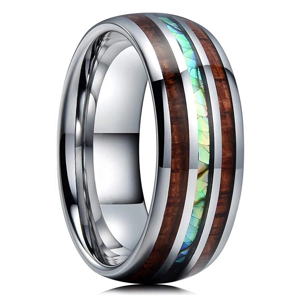 Fashion 8mm Men Stainless Steel Rings Inlay Meteorite Abalone Shell Rings For Men Women Wedding Engagement Band Jewelry Gift
