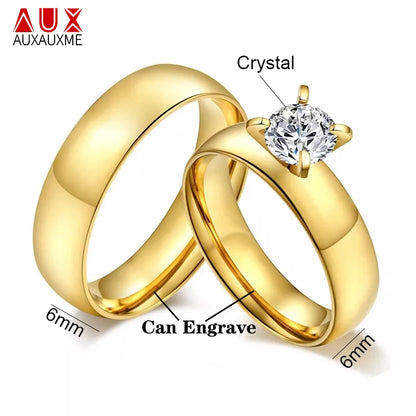 Auxauxme Shining Zirconic Lover's Engagement Rings Stainless Steel Engrave Name Date Wedding Band Ring Couple Women Men