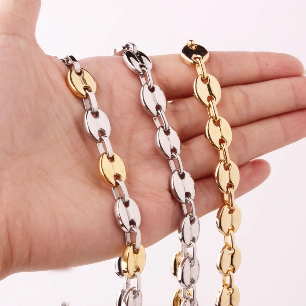 7/9/11mm 7-40" High Quality Mens Womens 316L Stainless Steel Silver Gold Color Coffee Bean Beads Chain Necklace or Bracelet