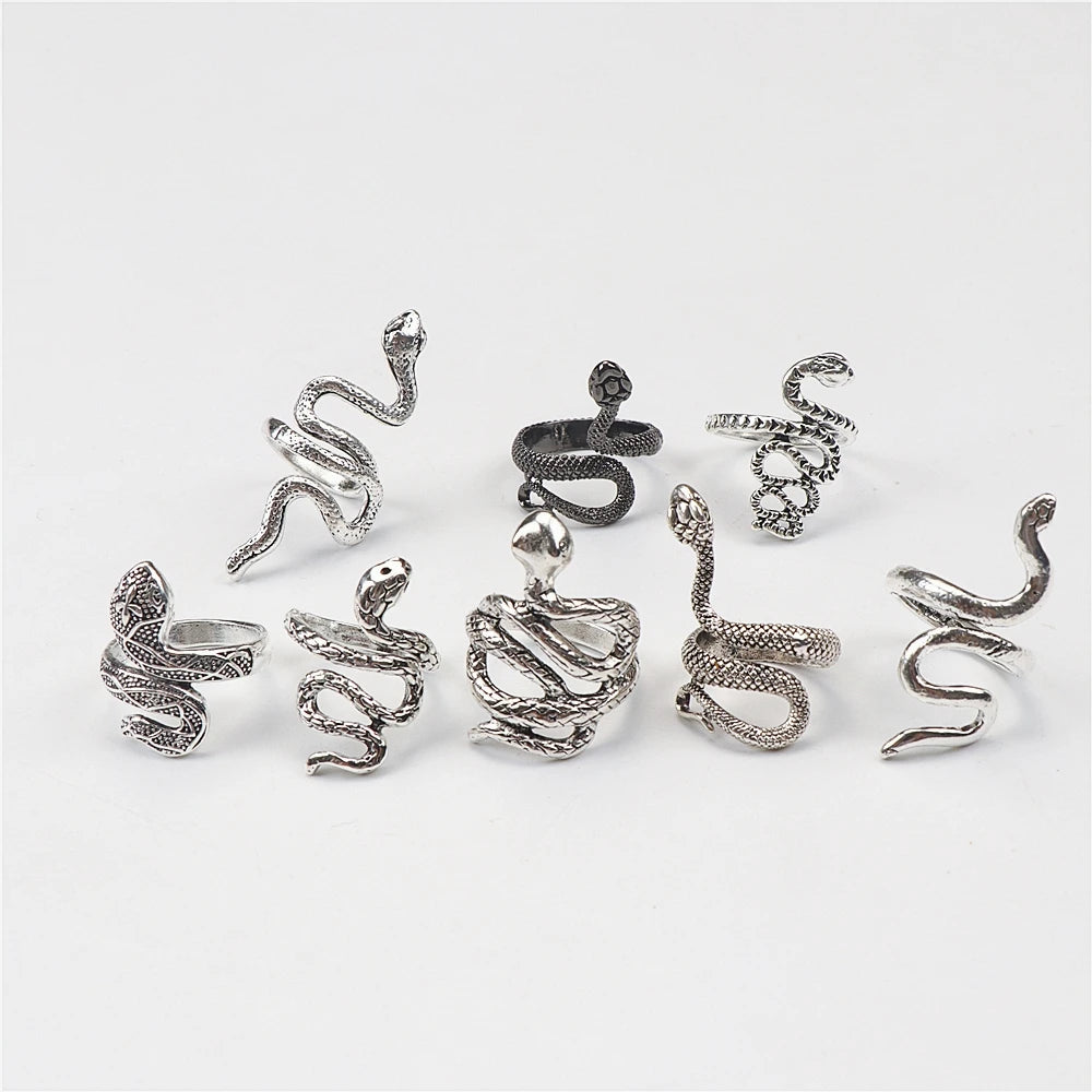 10pcs/lot Men Retro Punk Snake Rings For Women Antique Siver Color Opening Adjustable Jewelry Party Gifts