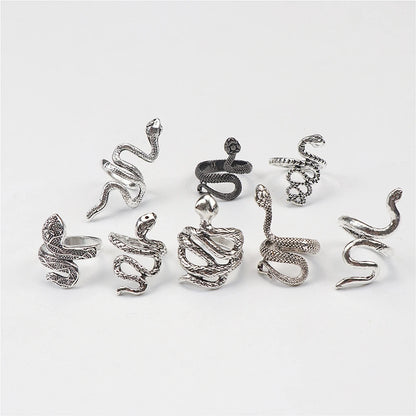 10pcs/lot Men Retro Punk Snake Rings For Women Antique Siver Color Opening Adjustable Jewelry Party Gifts