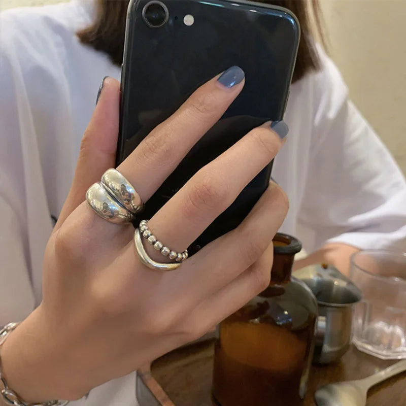 VENTFILLE 925 Silver New Thick Simple Wave Light-shaped Solid Double-layer Rings Trendy Couple Ring Female Gift