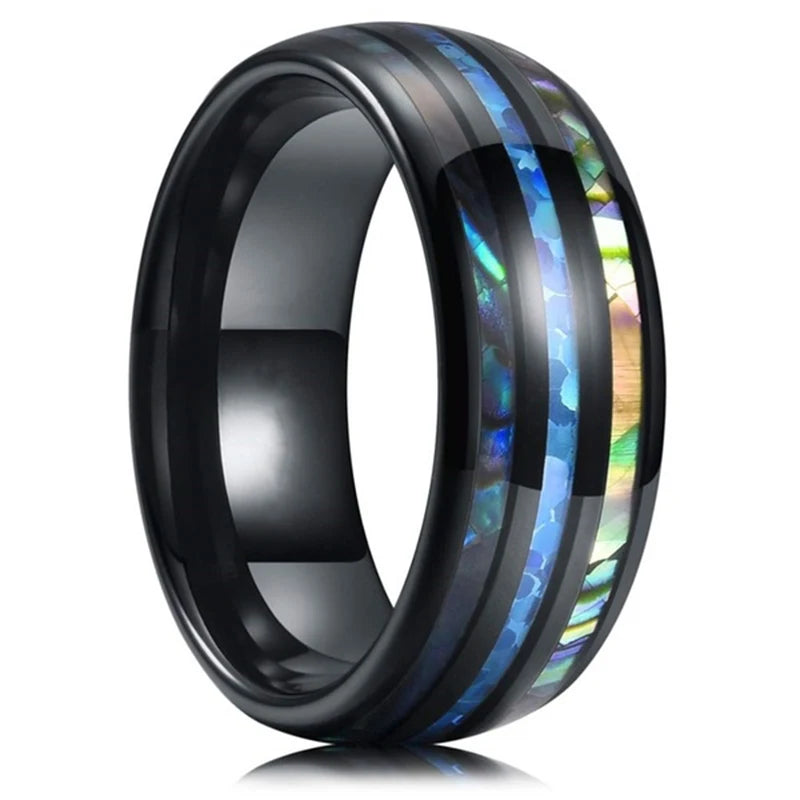 Fashion 8mm Men Stainless Steel Rings Inlay Meteorite Abalone Shell Rings For Men Women Wedding Engagement Band Jewelry Gift