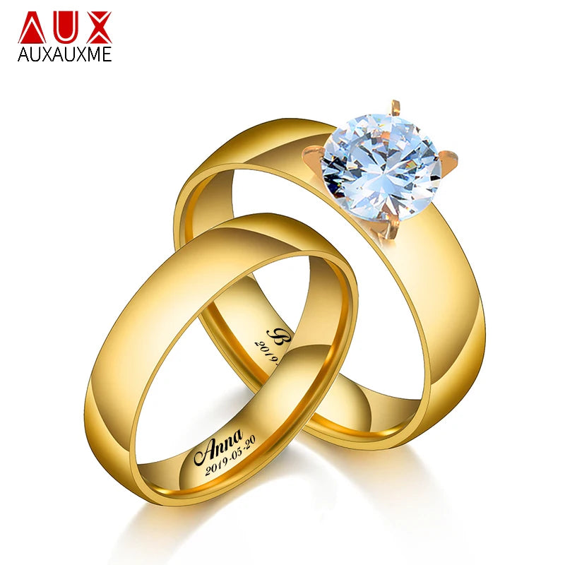 Auxauxme Shining Zirconic Lover's Engagement Rings Stainless Steel Engrave Name Date Wedding Band Ring Couple Women Men