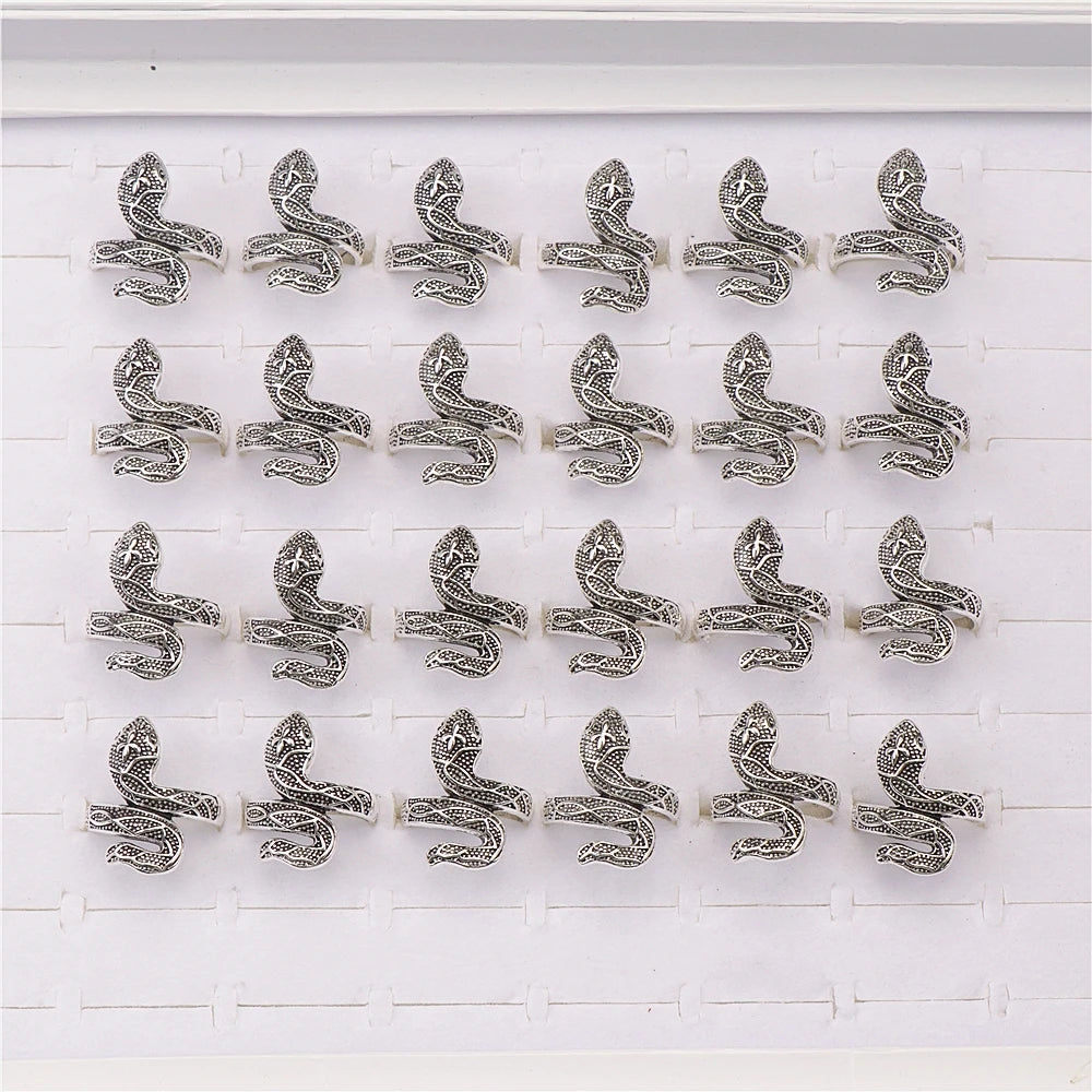 10pcs/lot Men Retro Punk Snake Rings For Women Antique Siver Color Opening Adjustable Jewelry Party Gifts