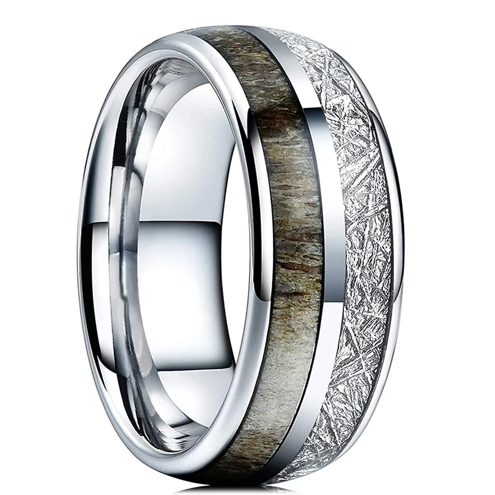 Fashion 8mm Men Stainless Steel Rings Inlay Meteorite Abalone Shell Rings For Men Women Wedding Engagement Band Jewelry Gift