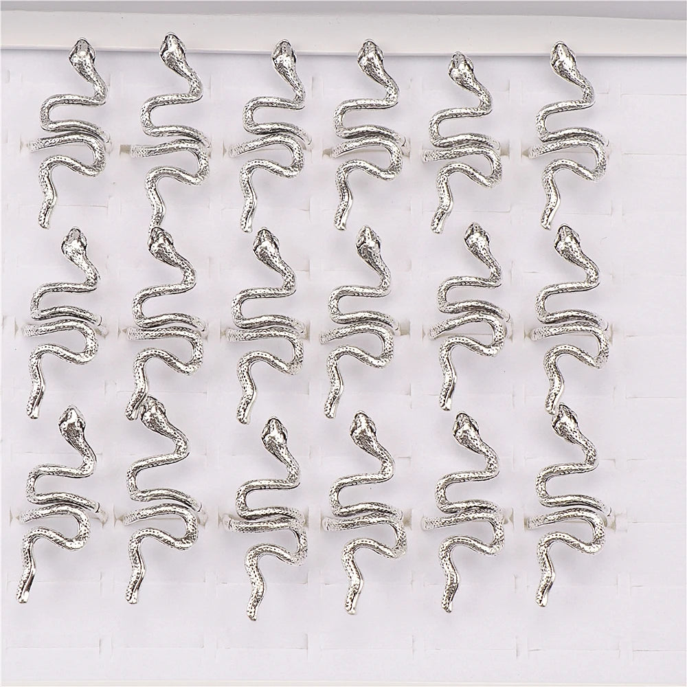 10pcs/lot Men Retro Punk Snake Rings For Women Antique Siver Color Opening Adjustable Jewelry Party Gifts