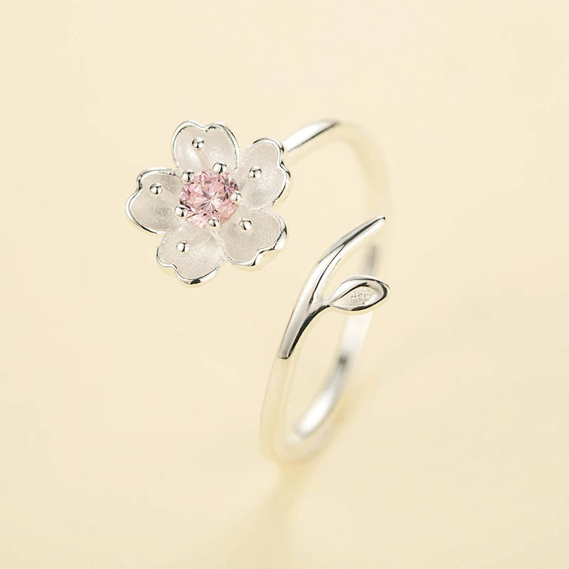 New Arrivals 925 Sterling Silver  Rings for Women Adjustable Size Ring pink zircon cherry blossom Ring