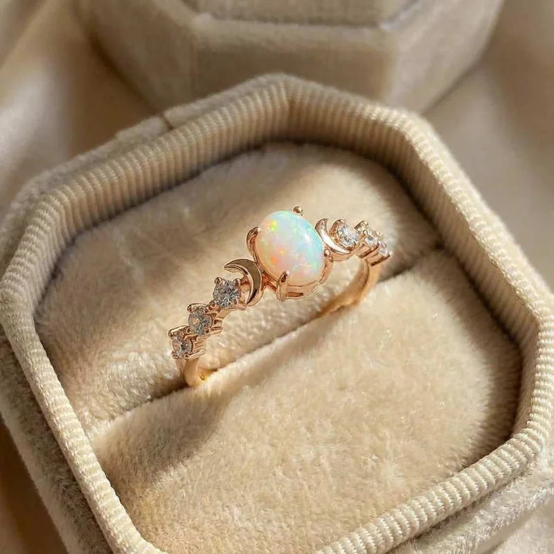 925 Sterling Silver Imitation Opal Moon Rings for Women Aesthetic Wedding Accessories Fancy Anniversary Gift Statement Jewelry
