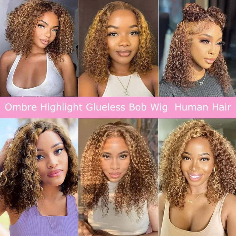 P4/27 Highlight Ombre Curly Bob Wig – 5x5 HD Lace Closure Glueless Deep Wave