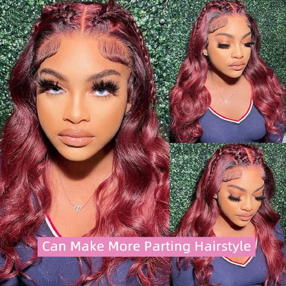 99J Burgundy Dark Red Body Wave 13x4 Lace Frontal Wig – Pre-Plucked Skin-Melt