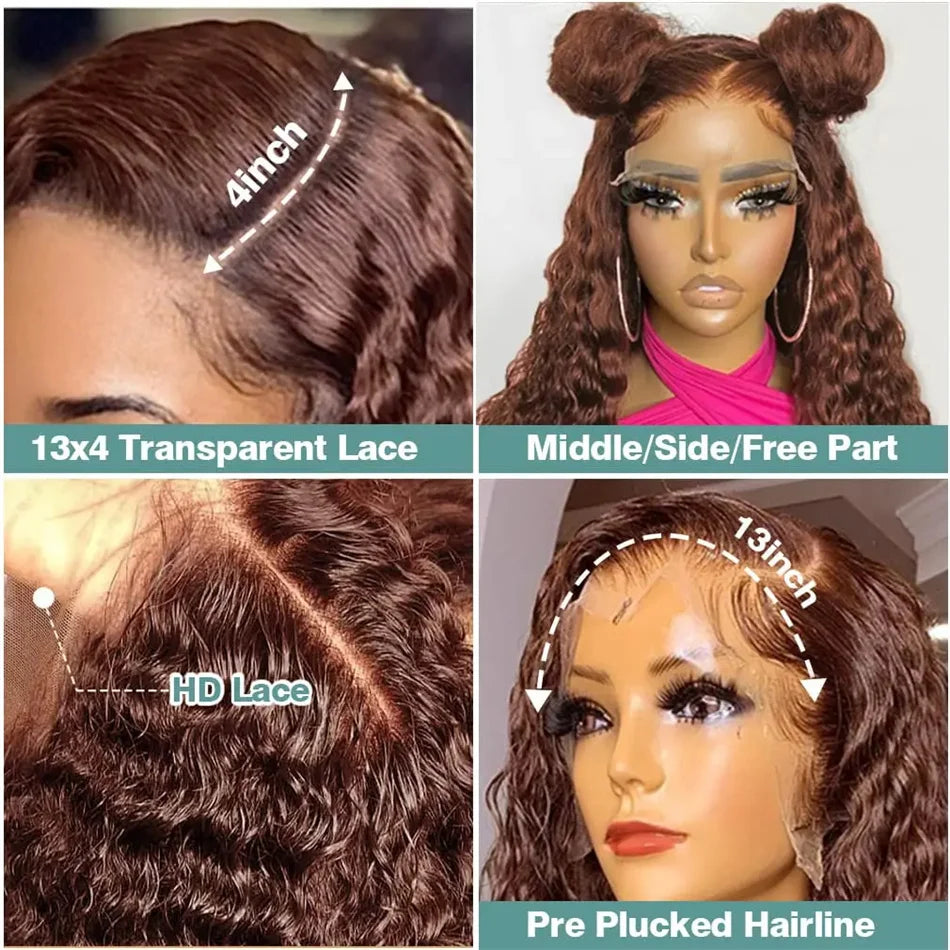 Chocolate Brown Deep Curly Lace Front Wig – Water Wave HD 13x4, 13x6 & 4x4, 30–38 Inch