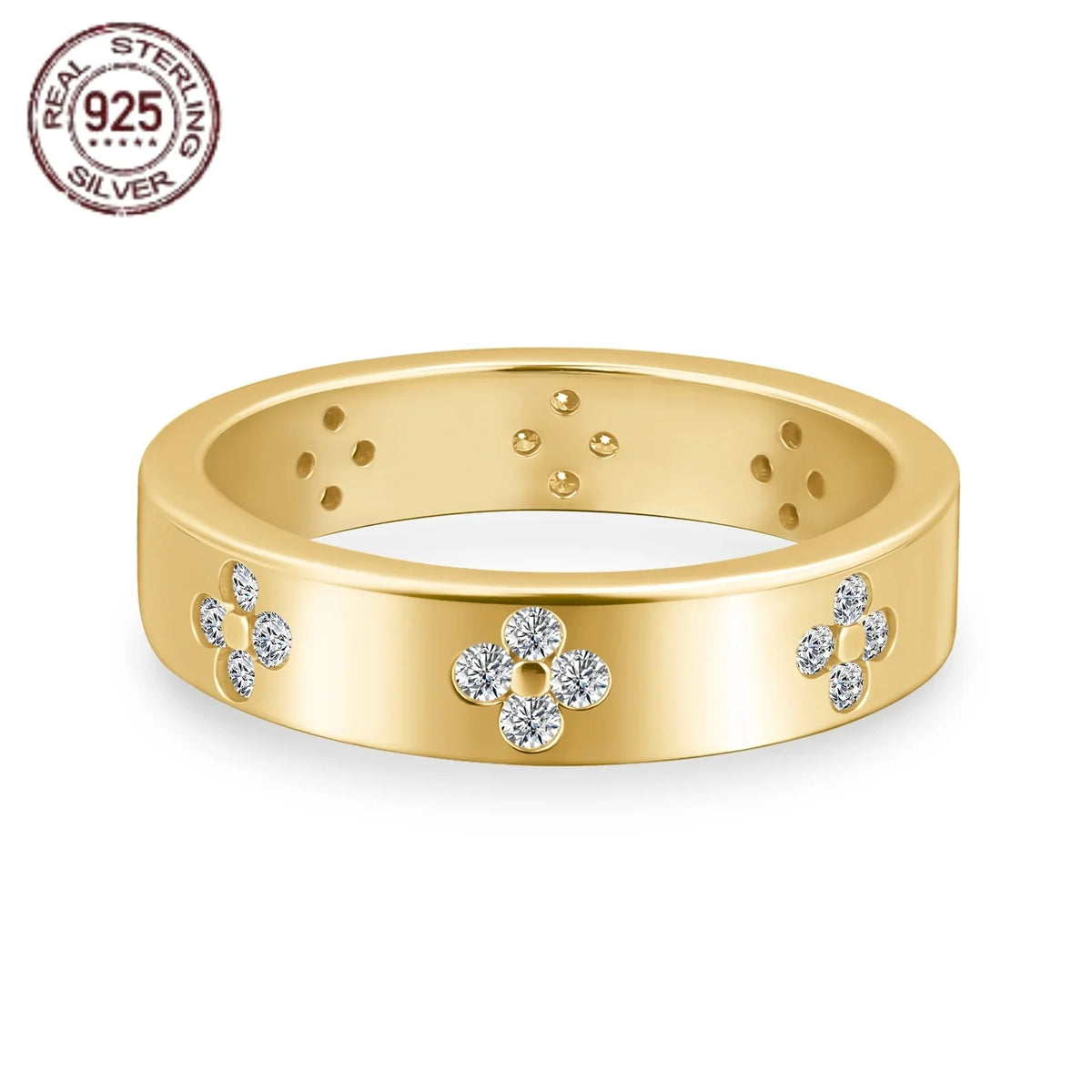 Luxury 925 Sterling Four Leaf Clover Rings For Women 18K Gold Plated AAAAA Zircon Thin Wedding Band Ring Banquet Jewelry Gifts