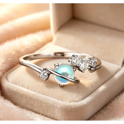 925 Sterling Silver Novel Imitation Moonstone Rings for Women Exquisite Planet Design Wear Rings Trendy Party Hot Sale Jewelry