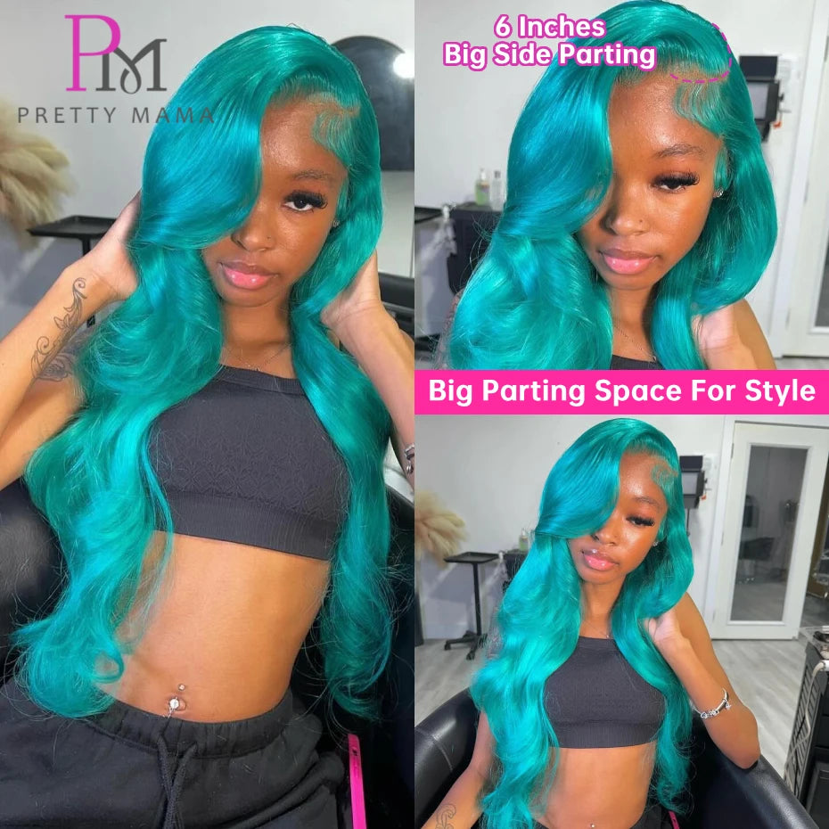 Cyan Blue & Light Green 13x6 Lace Front Wig – Body Wave Pre-Plucked Colored 613