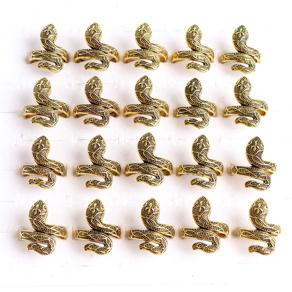 10pcs/lot Men Retro Punk Snake Rings For Women Antique Siver Color Opening Adjustable Jewelry Party Gifts
